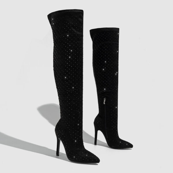 Pointed Toe Diamond Stiletto Heel Side Zipper Over-the-knee High Boots - Image 3