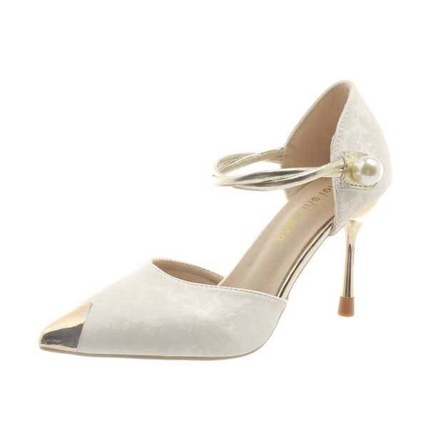 Fashionable Metal Pointed Pearl Women's Satin Flower High Heels - Image 8