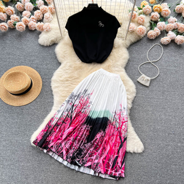 Women's Summer High-end Design Sense Niche Sleeveless Shirt Top Pleated Dress Two-piece Set - Image 2