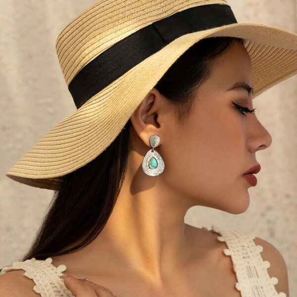 Drop-shaped Micro-inlaid Turquoise Pleated Ear Studs - Image 2
