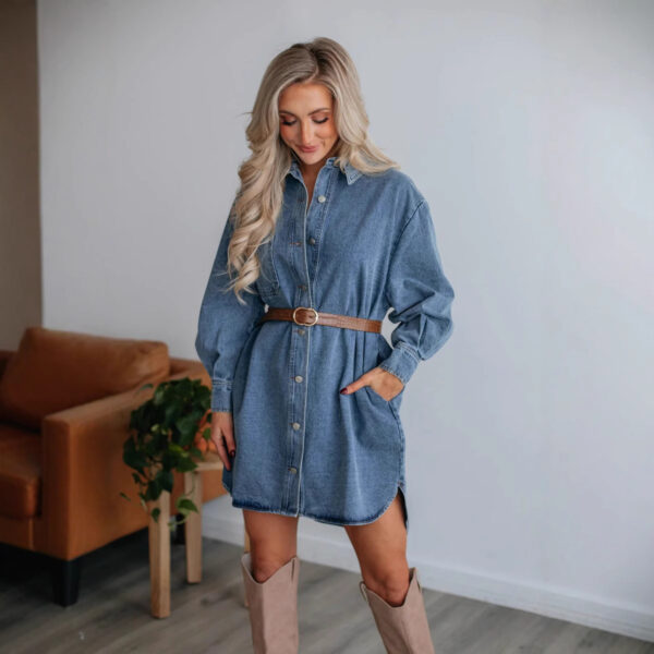 Casual Button Slimming Long Sleeve Denim Dress - Image 3