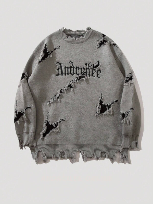 New Personality Street Jacquard Ripped Frayed Vintage Loose Sweater - Image 5