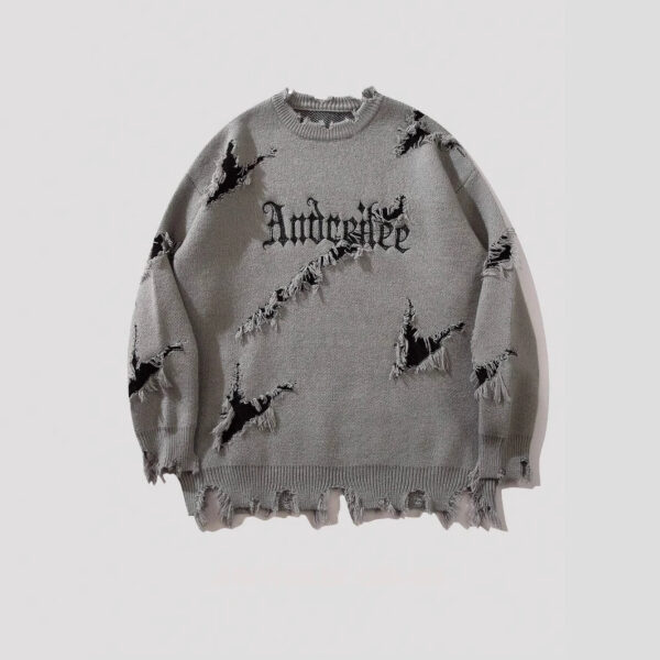 New Personality Street Jacquard Ripped Frayed Vintage Loose Sweater - Image 4