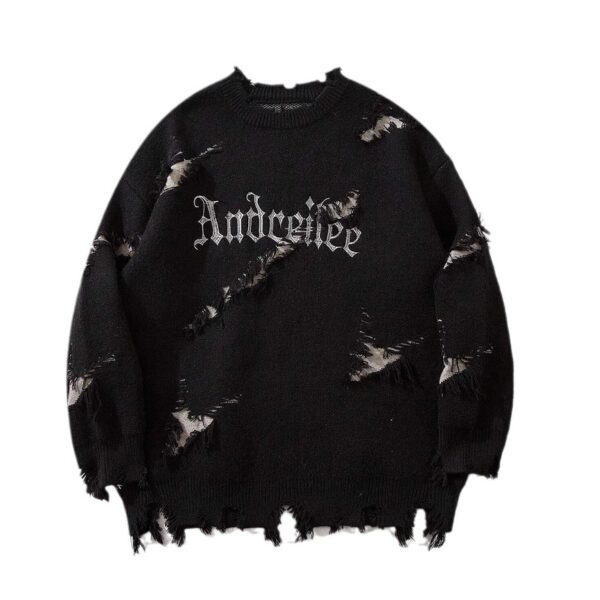 New Personality Street Jacquard Ripped Frayed Vintage Loose Sweater - Image 7
