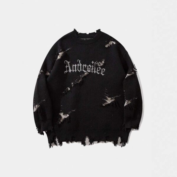 New Personality Street Jacquard Ripped Frayed Vintage Loose Sweater - Image 3