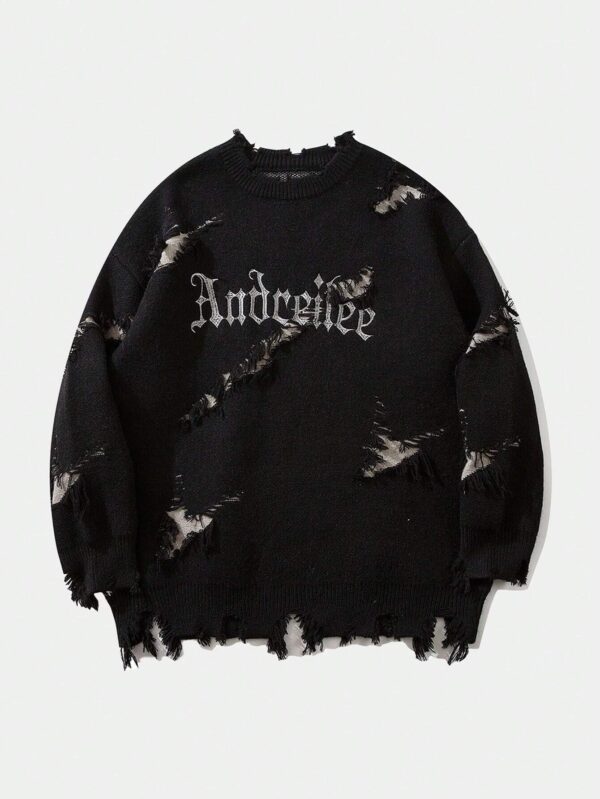 New Personality Street Jacquard Ripped Frayed Vintage Loose Sweater - Image 8