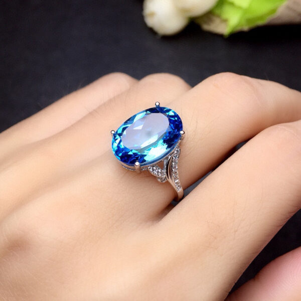 Natural Sea Blue Topaz Full Diamond Open Ring - Image 5