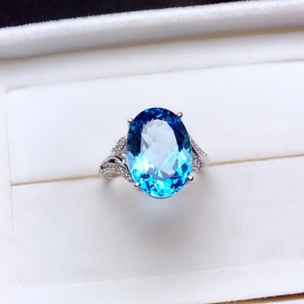 Natural Sea Blue Topaz Full Diamond Open Ring - Image 4