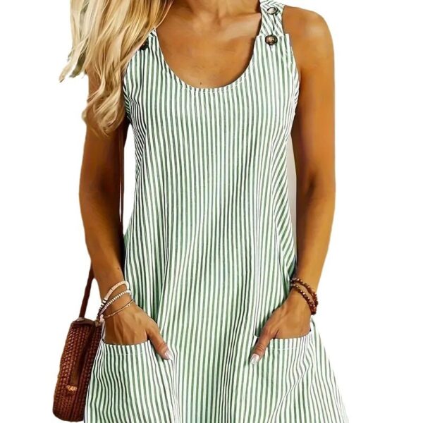 Summer Fashion Striped Patchwork Commuting U-Neck Sleeveless Pockets Back Button Casual Straight Slimming Mini Dress For Women - Image 9