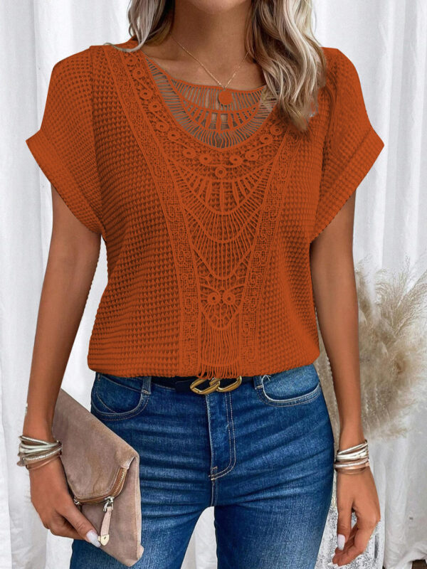 Summer Hollow Out Short-sleeved T-shirt Fashion Ethnic Style Tops Women's Clothing - Image 3