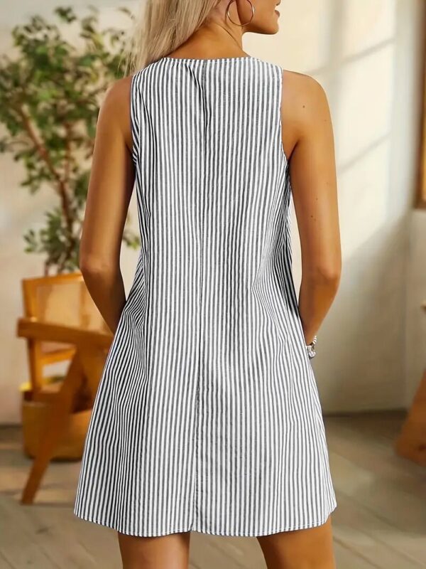Summer Fashion Striped Patchwork Commuting U-Neck Sleeveless Pockets Back Button Casual Straight Slimming Mini Dress For Women - Image 10