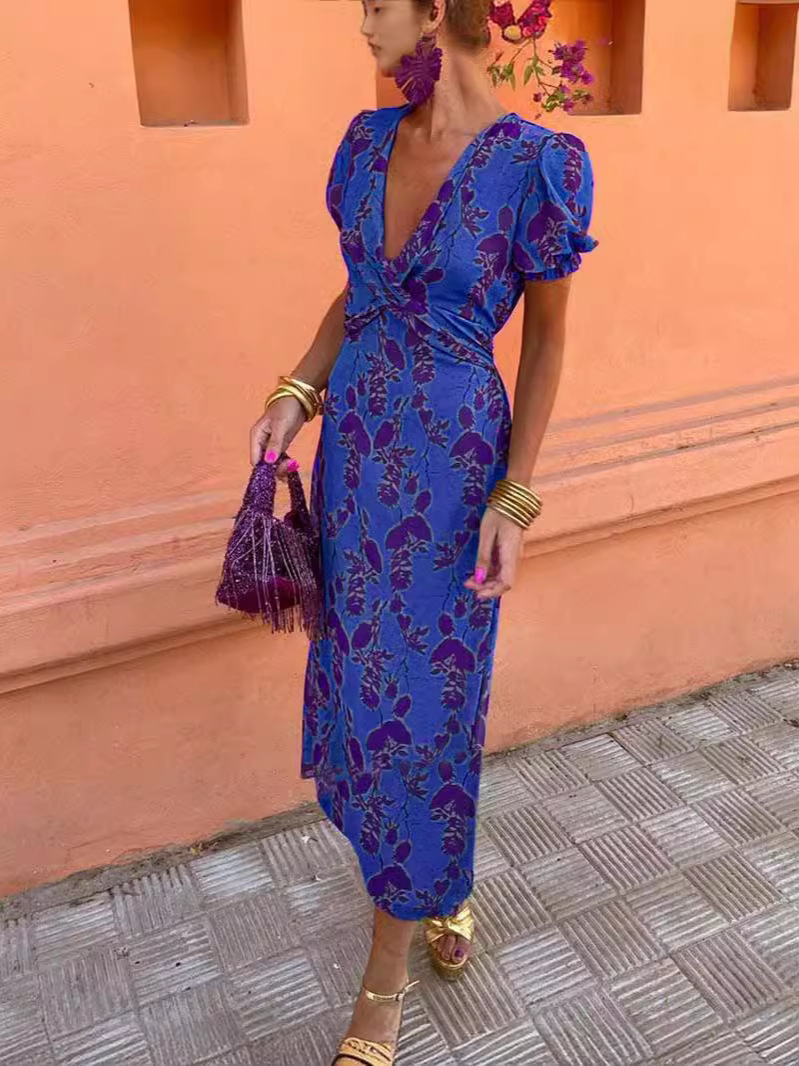 Summer V-neck Short-sleeved Dress Fashion Flowers Printed Slim Beach Dresses For Women Clothing - Image 6