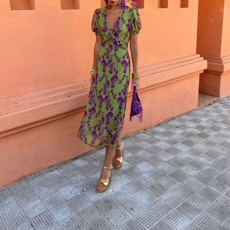 Summer V-neck Short-sleeved Dress Fashion Flowers Printed Slim Beach Dresses For Women Clothing - Image 8