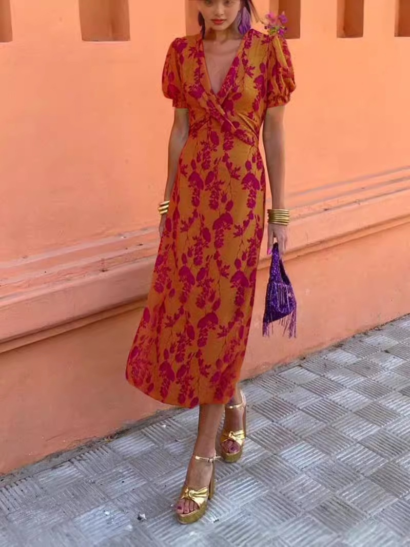 Summer V-neck Short-sleeved Dress Fashion Flowers Printed Slim Beach Dresses For Women Clothing - Image 4