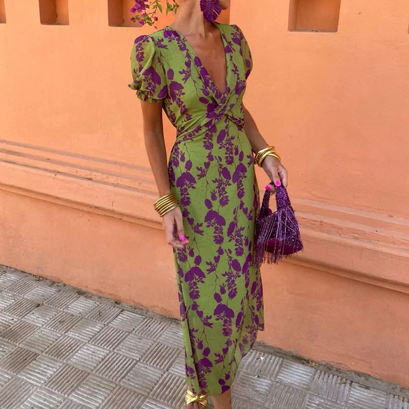 Summer V-neck Short-sleeved Dress Fashion Flowers Printed Slim Beach Dresses For Women Clothing - Image 3