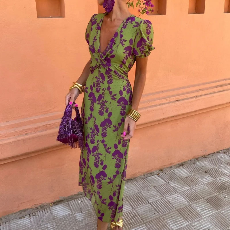 Summer V-neck Short-sleeved Dress Fashion Flowers Printed Slim Beach Dresses For Women Clothing - Image 9