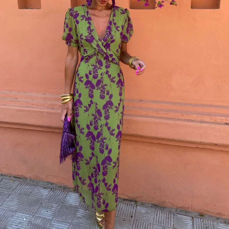 Summer V-neck Short-sleeved Dress Fashion Flowers Printed Slim Beach Dresses For Women Clothing - Image 2