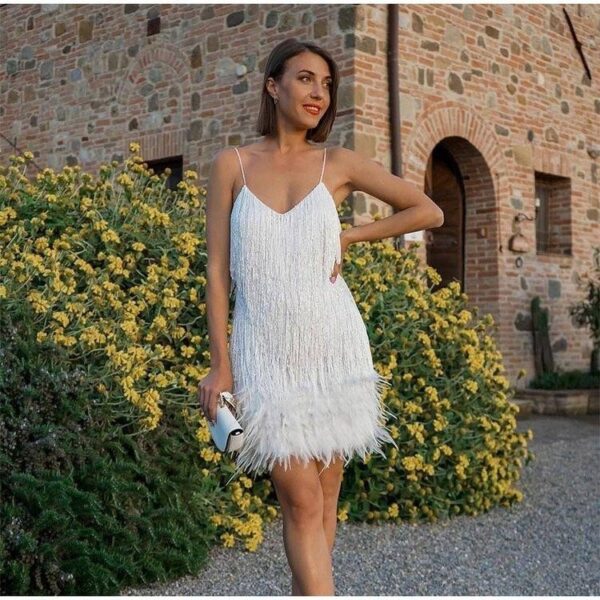 Sexy Tassel Sequins Feather Summer Mini Dress Women V Neck Spaghetti Strap Stitching Dresses Female Elegant Evening Party Club Dress - Image 10
