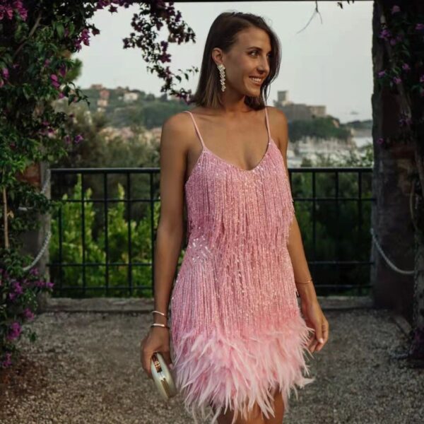 Sexy Tassel Sequins Feather Summer Mini Dress Women V Neck Spaghetti Strap Stitching Dresses Female Elegant Evening Party Club Dress - Image 6